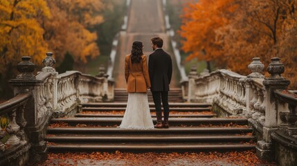 Couple standing on grand staircase in autumn park