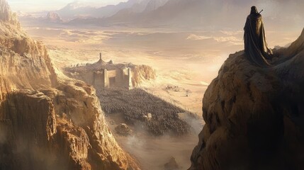 A lone figure stands on a cliff overlooking a vast, desert landscape. A massive army marches towards a distant city, symbolizing war, power, and the fragility of life in a harsh environment.