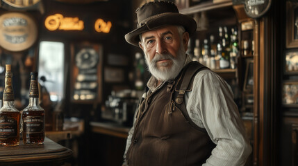 Fototapeta premium Portrait of a tavern owner in a retro outfit, with a gray beard and hat, standing in front of a bar with bottles in the foreground