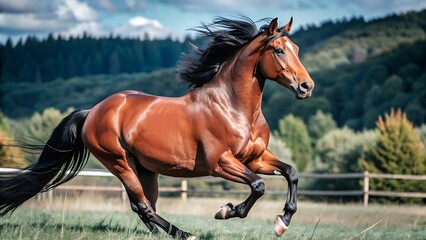 Chestnut Horse Galloping in a Field.