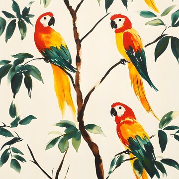 Colorful watercolor parrots in red, yellow, and green on a white background