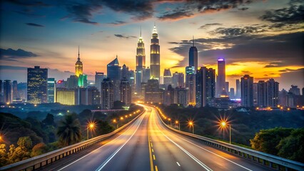 Fototapeta premium Empty Highway Leading to a Modern City Skyline at Sunset.