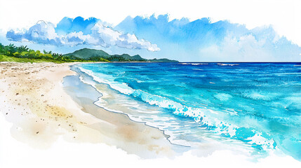 Watercolor Painting of a Caribbean Beach with Turquoise Sea and Palm Trees