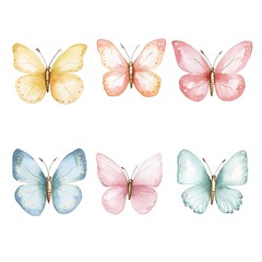 Fototapeta premium Cute watercolor butterflies in soft colors for nursery wall art.