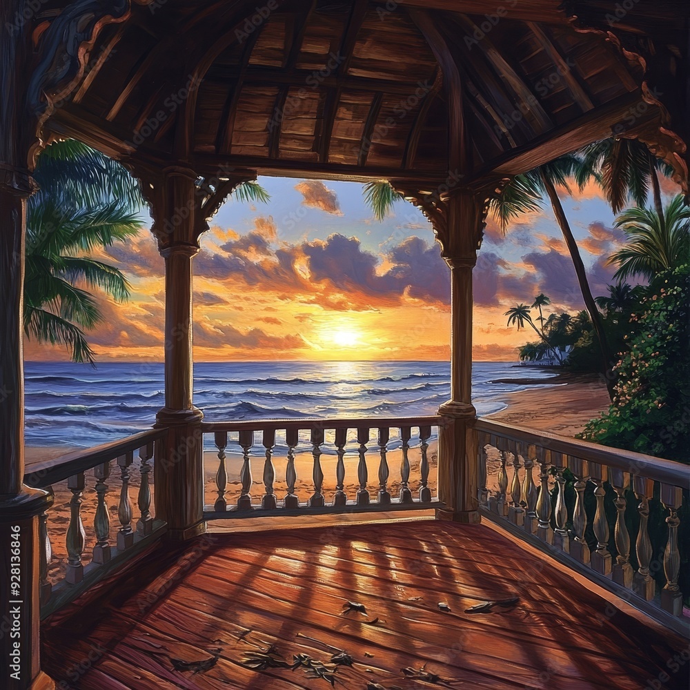 Canvas Prints A picturesque sunset over the ocean, viewed from a wooden gazebo with a tropical palm tree in the foreground. The scene conveys relaxation, tranquility, and the beauty of nature.