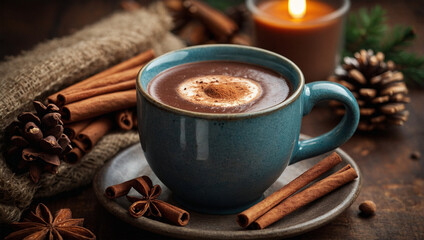 Mug of hot chocolate with a cinnamon stick and a dash of nutmeg, placed on a rustic table with holiday decor.