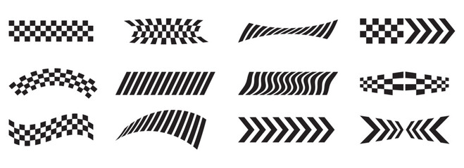 Checkered flag car sport race element. Sports racing black and white vector illustration set