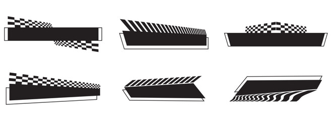 Racing sport stripe for sports car and motorcycle. Racing car decals black and white vector illustration set