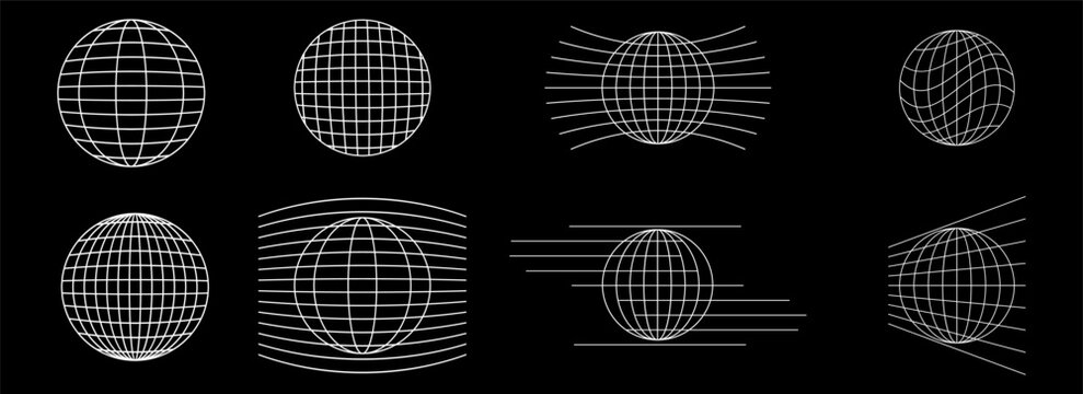 Sphere mesh grid. Globe wireframe. Digital earth vector illustration set