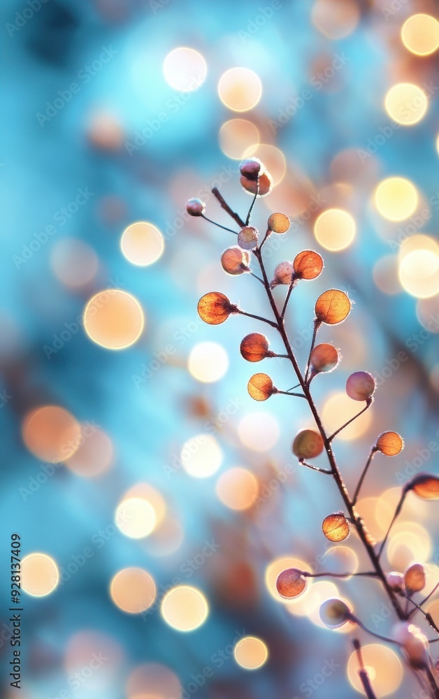 Poster a beautiful close-up of a branch with round leaves, surrounded by soft, glowing bokeh lights, creati