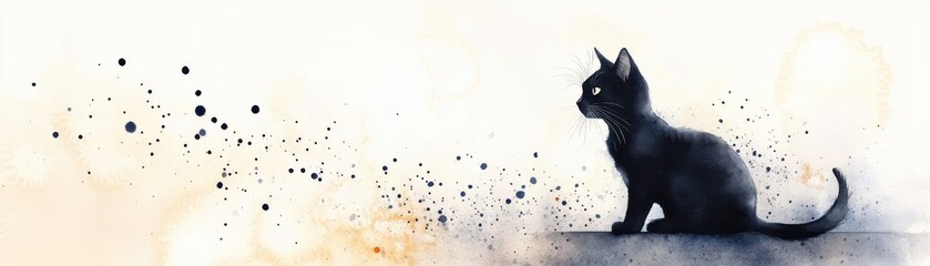 Obraz premium A beautiful watercolor painting of a black cat, gracefully positioned against a soft, abstract background of muted colors.