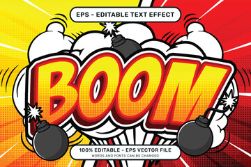 boom 3d text effect and editable text effect with a retro background and illustrations of bombs and smoke