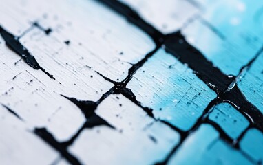 Fototapeta premium A close-up view of cracked paint showcasing textures and colors in shades of blue and white, perfect for artistic backgrounds.