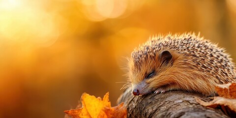 Fototapeta premium A cozy hedgehog rests on a log surrounded by autumn leaves, capturing the essence of fall in a warm, vibrant setting.