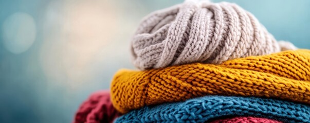A cozy stack of colorful knitted sweaters arranged beautifully, perfect for winter fashion and textile design inspiration.