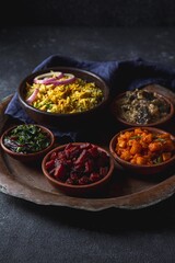 An assortment of vibrant, flavorful vegetarian Pakistani and Indian dishes, including biryani rice, served in bowls on a rustic platter