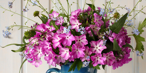floral background, garden spring primroses and forget-me-nots. nature, springtime.