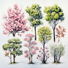 Obraz premium Watercolor painting of nine trees with pink blossoms and green leaves.
