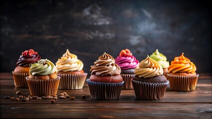 Colorful Cupcakes on Wooden Table.