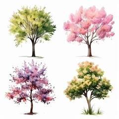 Fototapeta premium Watercolor painting of four trees on a white background with two pink-flowering trees, one green tree and one tree with a mix of pink and purple flowers.