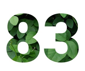 A vibrant illustration of the number 83, created with a unique cutout technique. Green leaves fill the outline of the numbers, creating a natural and organic design. Perfect for eco-friendly projects,