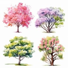 Obraz premium Watercolor Painting of Four Different Trees Isolated on White Background.