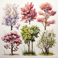 Obraz premium Watercolor painting of 6 different trees, each with different colored leaves and branches, isolated on white background.