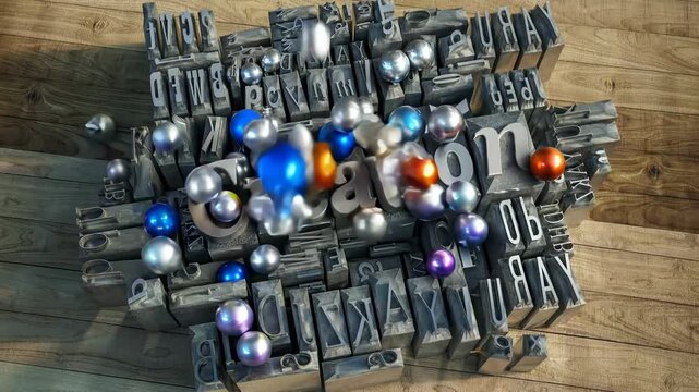 Block of metallic printing letters and the word creation