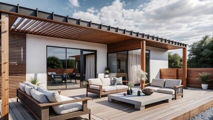 Fototapeta premium Modern Patio with Wooden Pergola and Comfortable Seating.