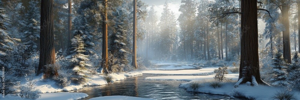 Poster A tranquil scene of a winter forest with snow-covered trees, a winding stream, and sunlight filtering through the branches.  The image evokes a sense of peace, tranquility, and the beauty of nature in