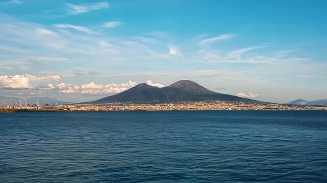 the camera approaches Vesuvius mount from the sea