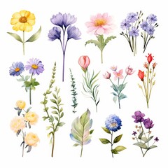 Watercolor illustration of various flowers, leaves, and buds, including a yellow flower with a brown center, three purple flowers, a pink flower with a yellow center, 