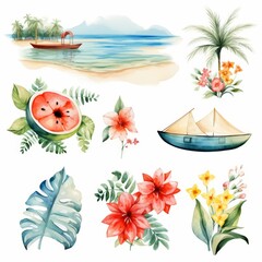 Obraz premium Watercolor illustration of tropical plants, flowers, and a boat.