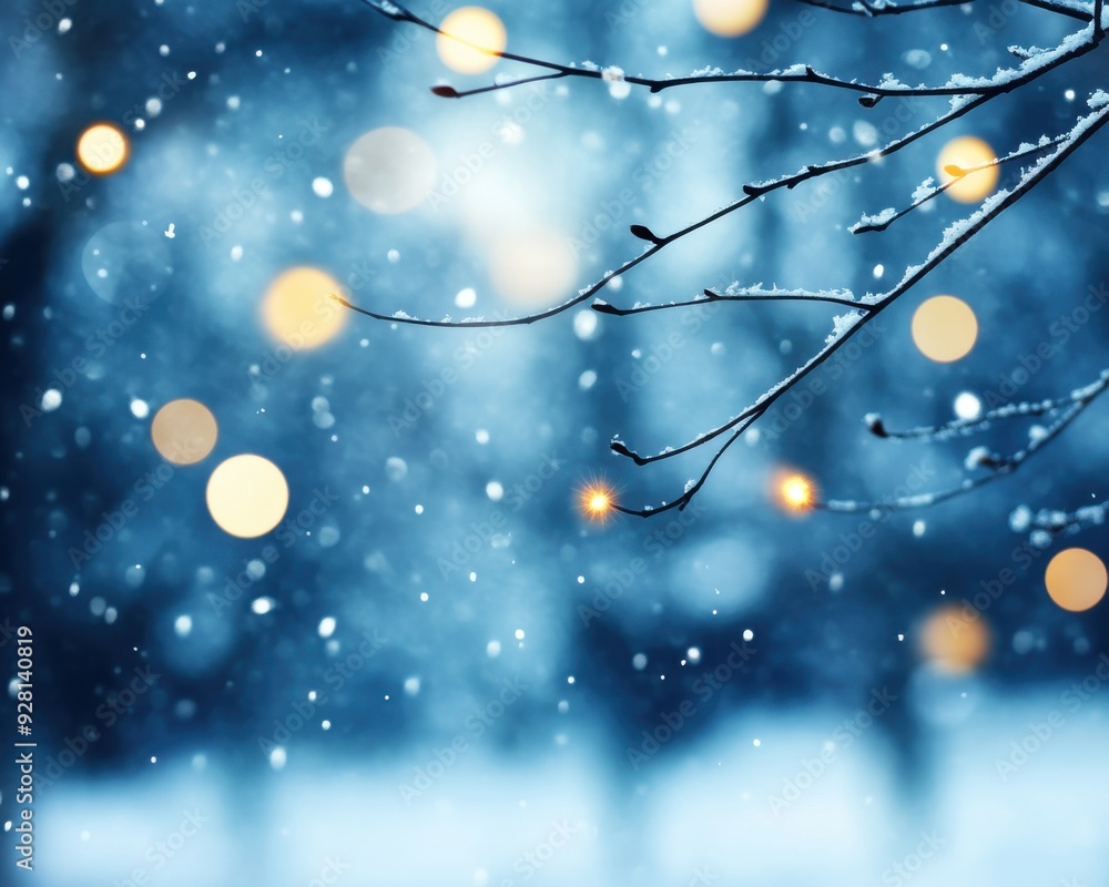 Aufkleber a serene winter scene with soft falling snow, illuminated by warm bokeh lights, creating a magical a