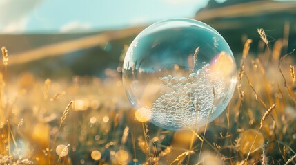 A transparent bubble floating in the air over a meadow.