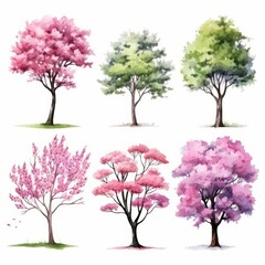 Obraz premium Watercolor illustration of six trees with different foliage colors and shapes on white background.