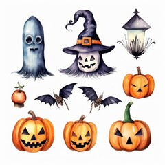 Obraz premium Watercolor illustration of pumpkins, a ghost, bats, a witch hat, and a streetlamp.