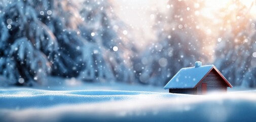 A tranquil winter scene featuring a cozy cabin surrounded by snow and glistening trees, evoking warmth and serenity.