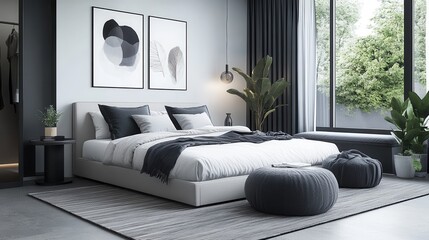 A minimalist bedroom featuring a primary color scheme of black and white, with light gray accents on rugs, bedding, wall panels, and decor
