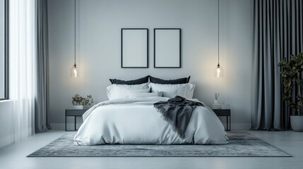 A minimalist bedroom featuring a primary color scheme of black and white, with light gray accents on rugs, bedding, wall panels, and decor
