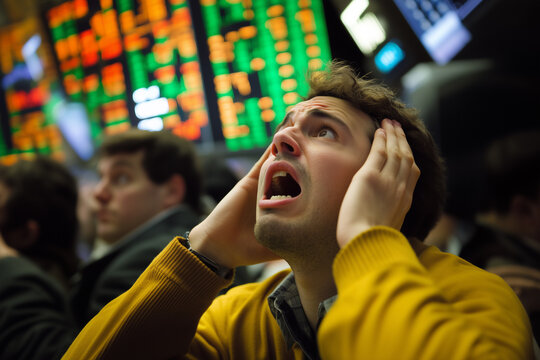 Stock trader stressed and panicked as the stock market plummets; financial crisis is a concern for investors, brokers, and traders