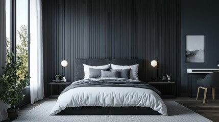 A minimalist bedroom featuring a primary color scheme of black and white, with light gray accents on rugs, bedding, wall panels, and decor