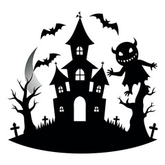 Halloween Vector Silhouette With Haunted House, pumpkin, and Bats Isolated on a white background