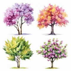 Fototapeta premium Watercolor illustration of four trees with different colored flowers.