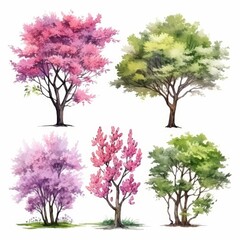 Watercolor illustration of four trees on white background, two flowering and two green.