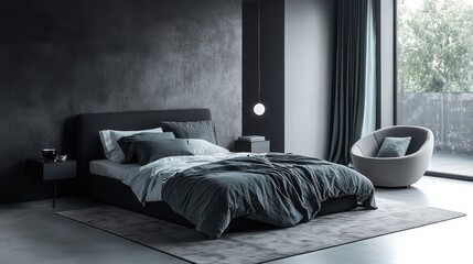 A minimalist bedroom featuring a primary color scheme of black and white, with light gray accents on rugs, bedding, wall panels, and decor