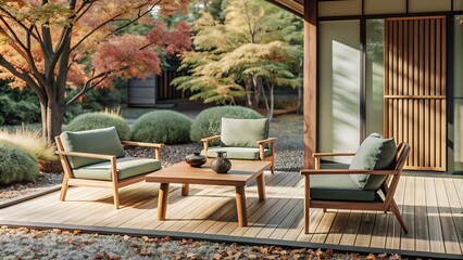 Obraz premium Modern Patio Furniture on a Wooden Deck.