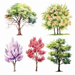 Obraz premium Watercolor illustration of five trees with different foliage and colors.