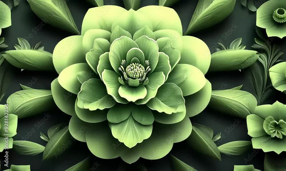 Wall mural a detailed 3d rendering of green flowers and leaves in a repeating pattern.