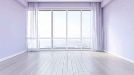 Fototapeta premium An empty room with pale lavender walls, a large floor-to-ceiling window
